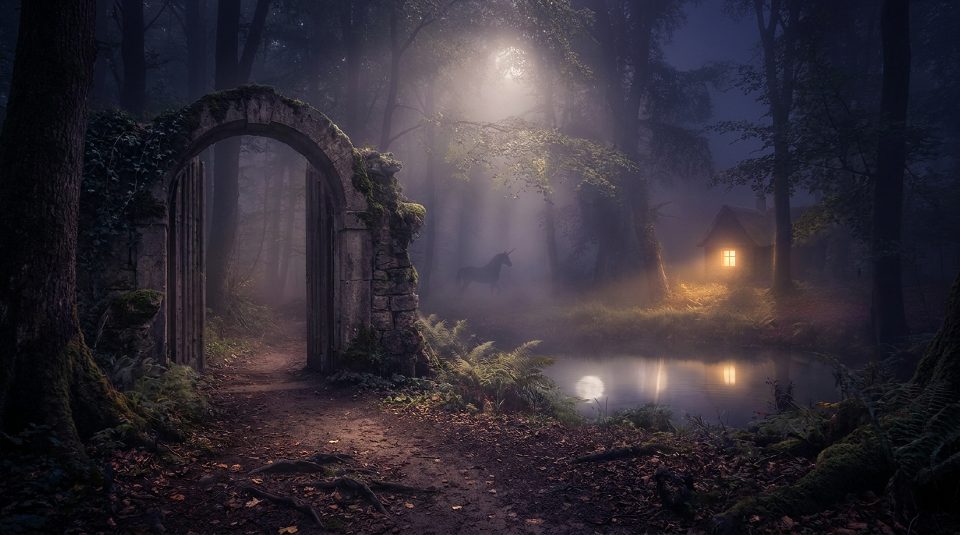 Geöffnetes Steintor an einem Waldweg im Mondlicht, mit stillem Wasser, warm erleuchtetem Häuschen und einer Einhornsilhouette im Nebel.