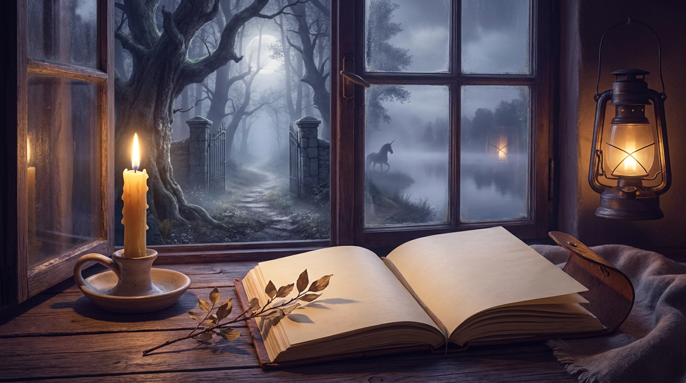 Offenes Buch mit Blätterzweig, brennende Kerze und Laterne vor einem Fenster mit Blick auf einen nebligen Wald, ein Tor und ein Einhorn am Wasser.